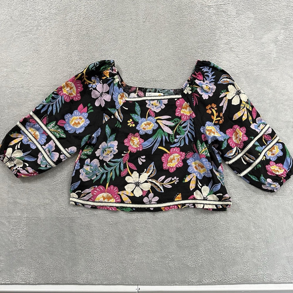 C&C California Shirt Top Blouse Women M Black Floral Linen Tropical Boho
